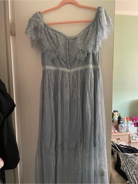 Sheer Lace Off-Shoulder Maxi Dress in Dusty Blue